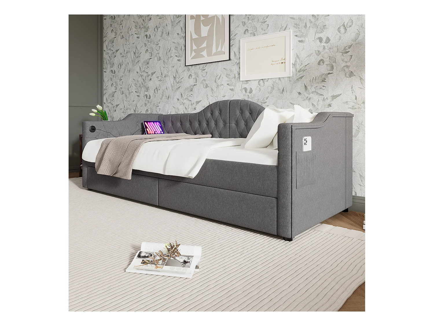 Canape lit 90x190 cm gris avec USB Type C, Lit enfant simple en lin avec 2 tiroirs de rangement, sans matelas