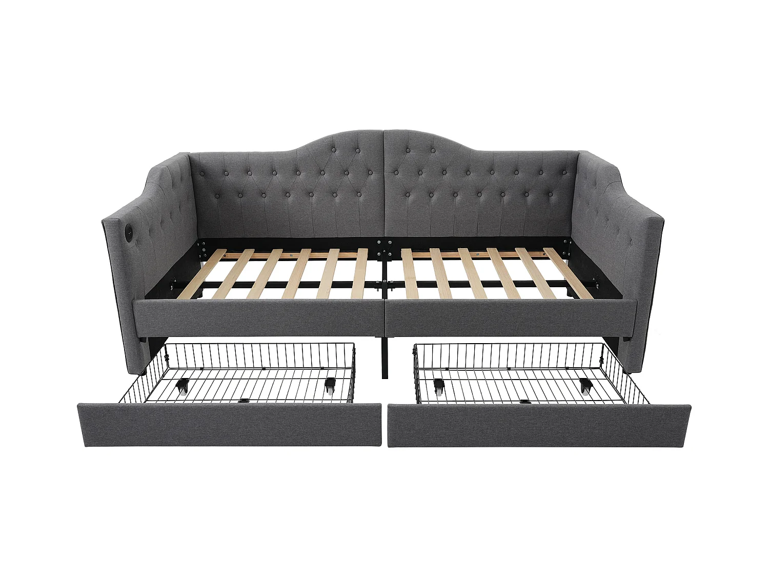 Canape lit 90x190 cm gris avec USB Type C, Lit enfant simple en lin avec 2 tiroirs de rangement, sans matelas