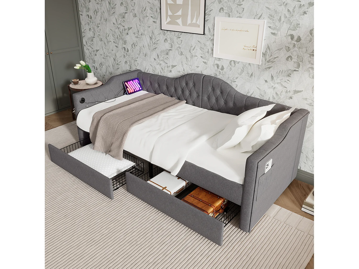 Canape lit 90x190 cm gris avec USB Type C, Lit enfant simple en lin avec 2 tiroirs de rangement, sans matelas