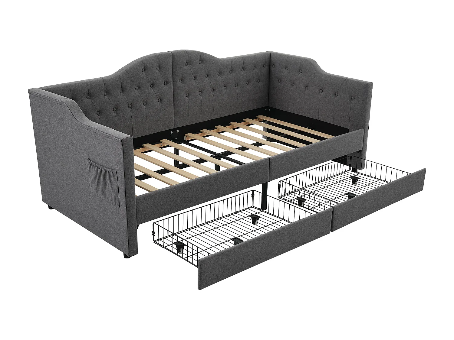 Canape lit 90x190 cm gris avec USB Type C, Lit enfant simple en lin avec 2 tiroirs de rangement, sans matelas