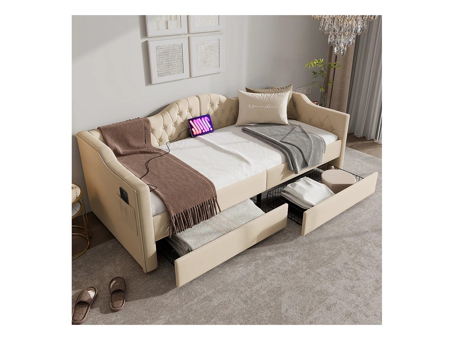 Canape lit 90x200 cm beige avec USB Type C, Lit enfant simple en velours avec 2 tiroirs de rangement, sans matelas