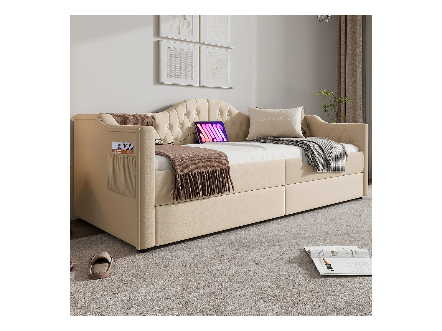 Canape lit 90x200 cm beige avec USB Type C, Lit enfant simple en velours avec 2 tiroirs de rangement, sans matelas