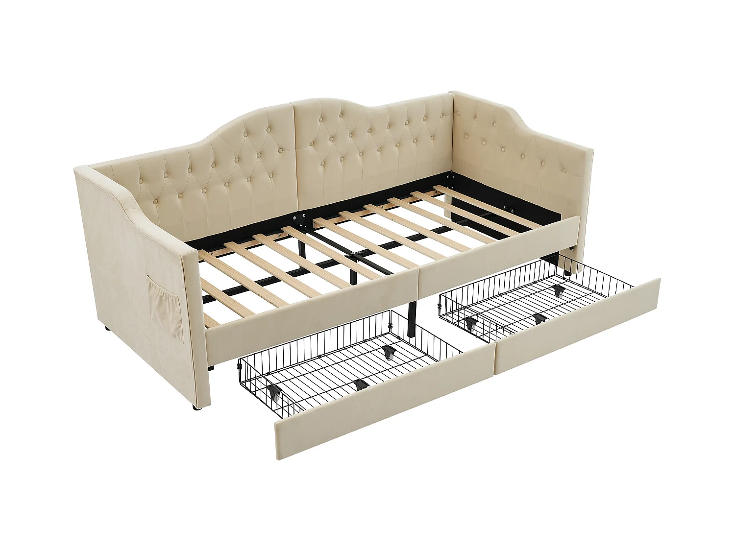 Canape lit 90x200 cm beige avec USB Type C, Lit enfant simple en velours avec 2 tiroirs de rangement, sans matelas