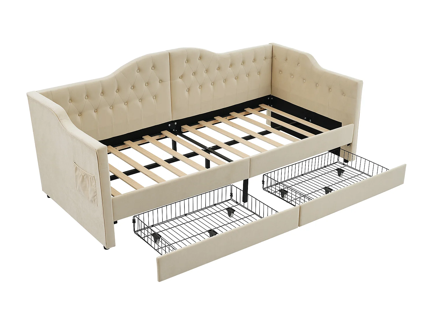 Canape lit 90x200 cm beige avec USB Type C, Lit enfant simple en velours avec 2 tiroirs de rangement, sans matelas