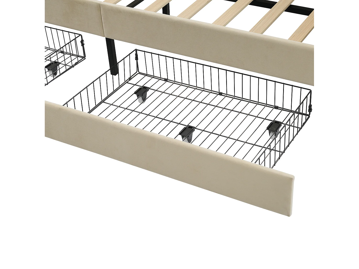 Canape lit 90x200 cm beige avec USB Type C, Lit enfant simple en velours avec 2 tiroirs de rangement, sans matelas