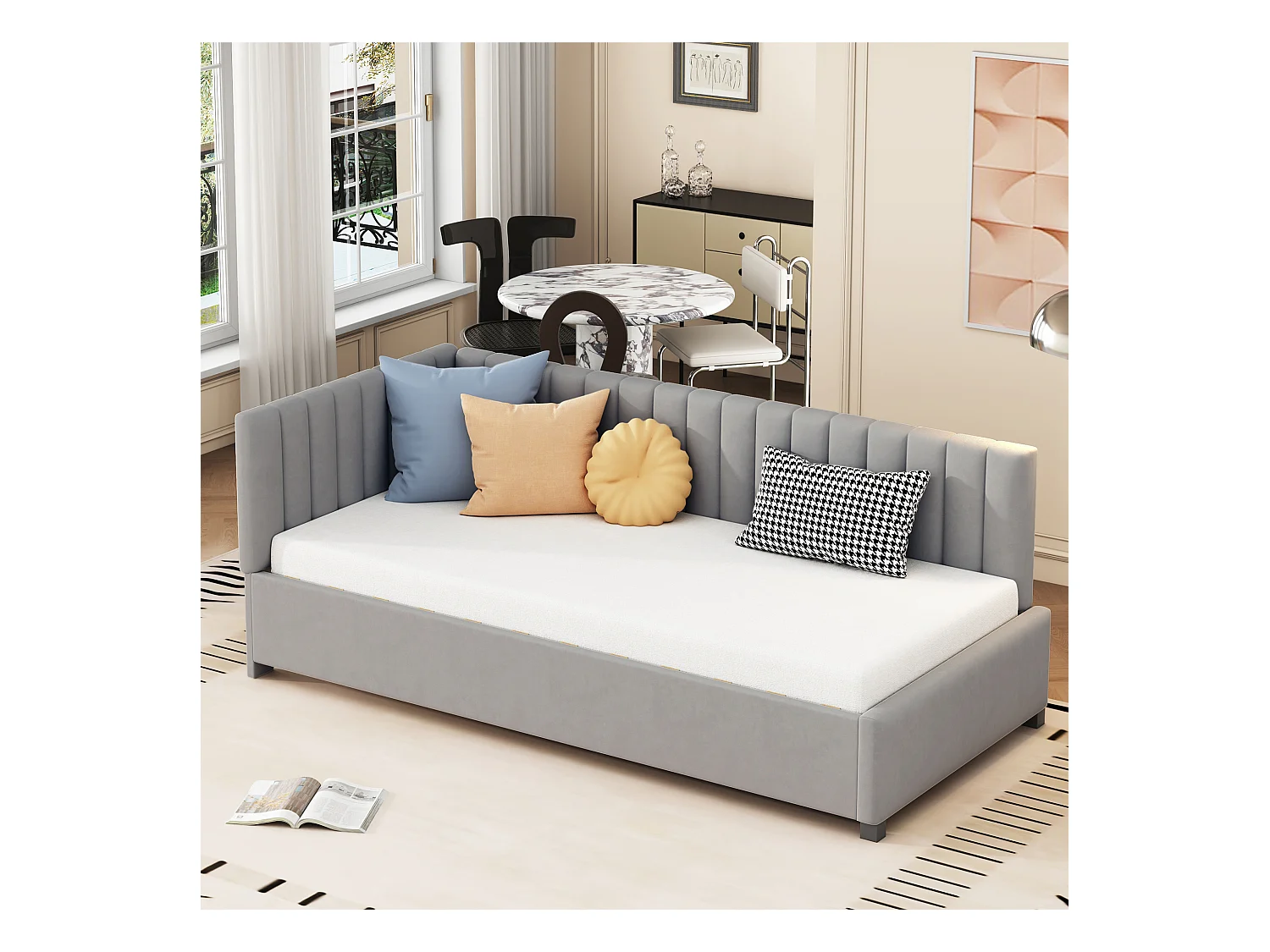 Lit enfant 90x200cm gris, Sommier à lattes, flanelle, sans matelas