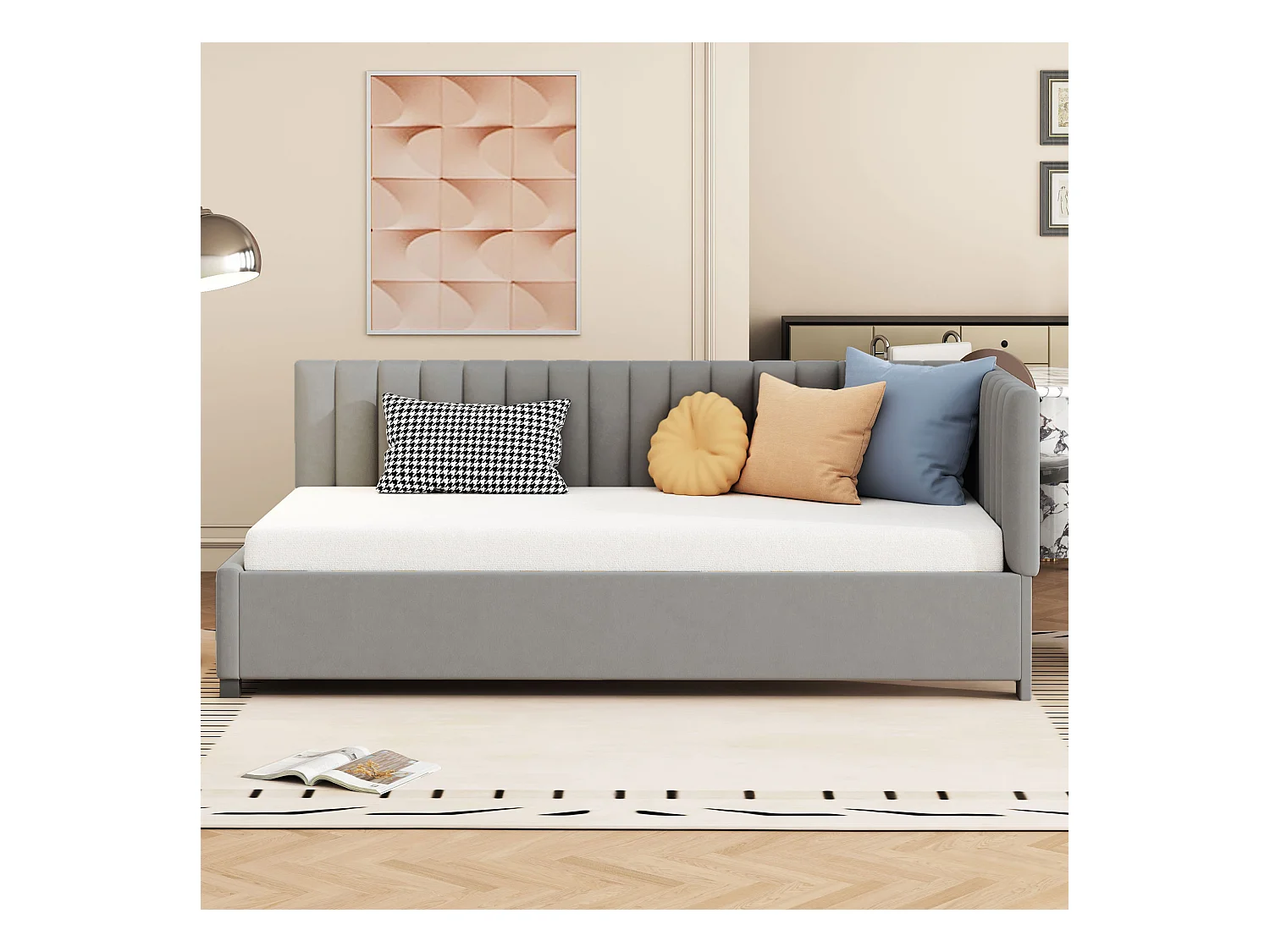 Lit enfant 90x200cm gris, Sommier à lattes, flanelle, sans matelas