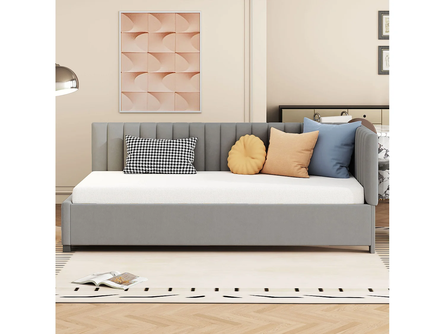 Lit enfant 90x200cm gris, Sommier à lattes, flanelle, sans matelas