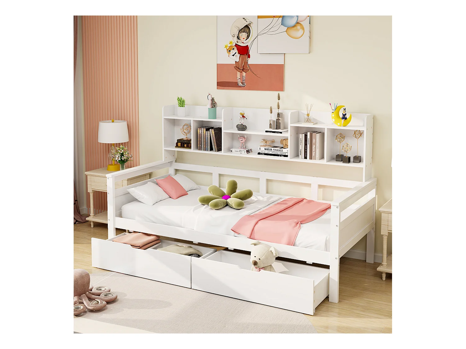 Lit enfant 90x200cm avec compartiment de rangement, canapé convertible avec 2 tiroirs, lit simple en bois, blanc, sans matelas