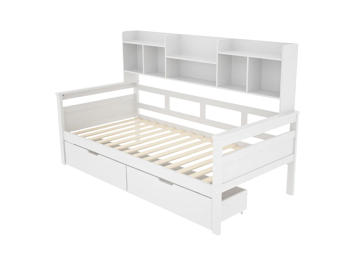 Lit enfant 90x200cm avec compartiment de rangement, canapé convertible avec 2 tiroirs, lit simple en bois, blanc, sans matelas