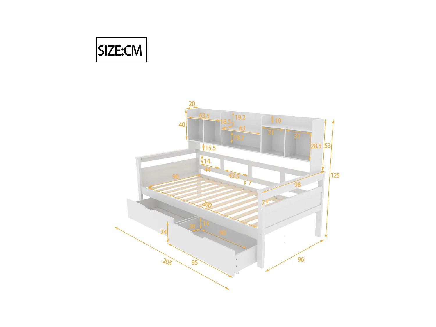 Lit enfant 90x200cm avec compartiment de rangement, canapé convertible avec 2 tiroirs, lit simple en bois, blanc, sans matelas