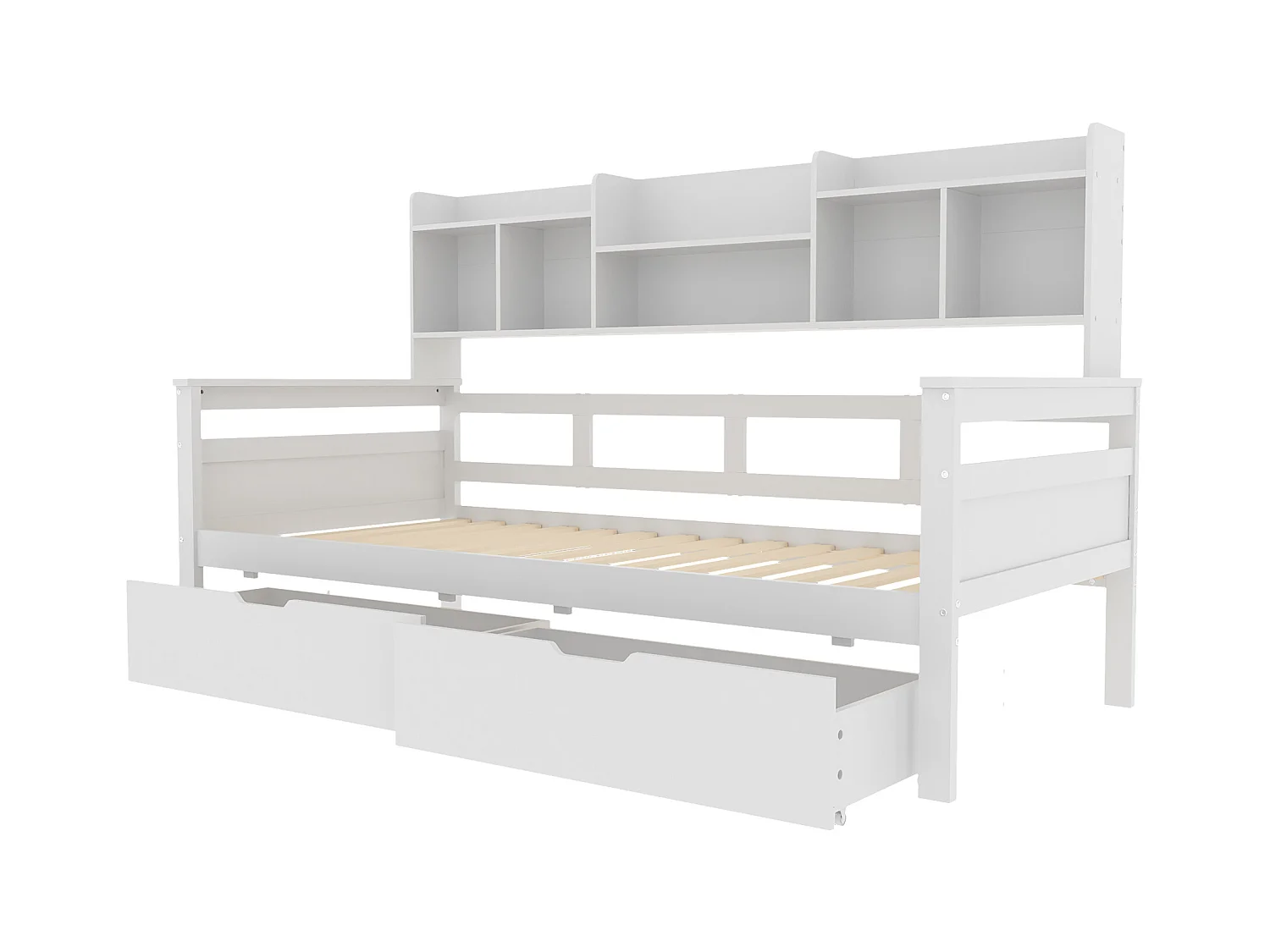 Lit enfant 90x200cm avec compartiment de rangement, canapé convertible avec 2 tiroirs, lit simple en bois, blanc, sans matelas