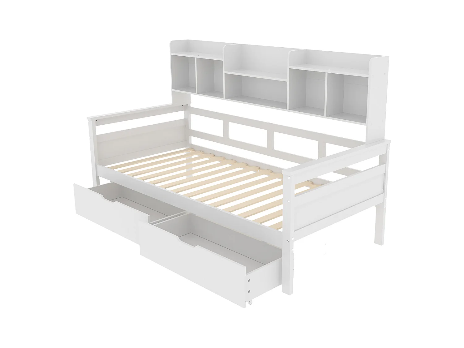 Lit enfant 90x200cm avec compartiment de rangement, canapé convertible avec 2 tiroirs, lit simple en bois, blanc, sans matelas