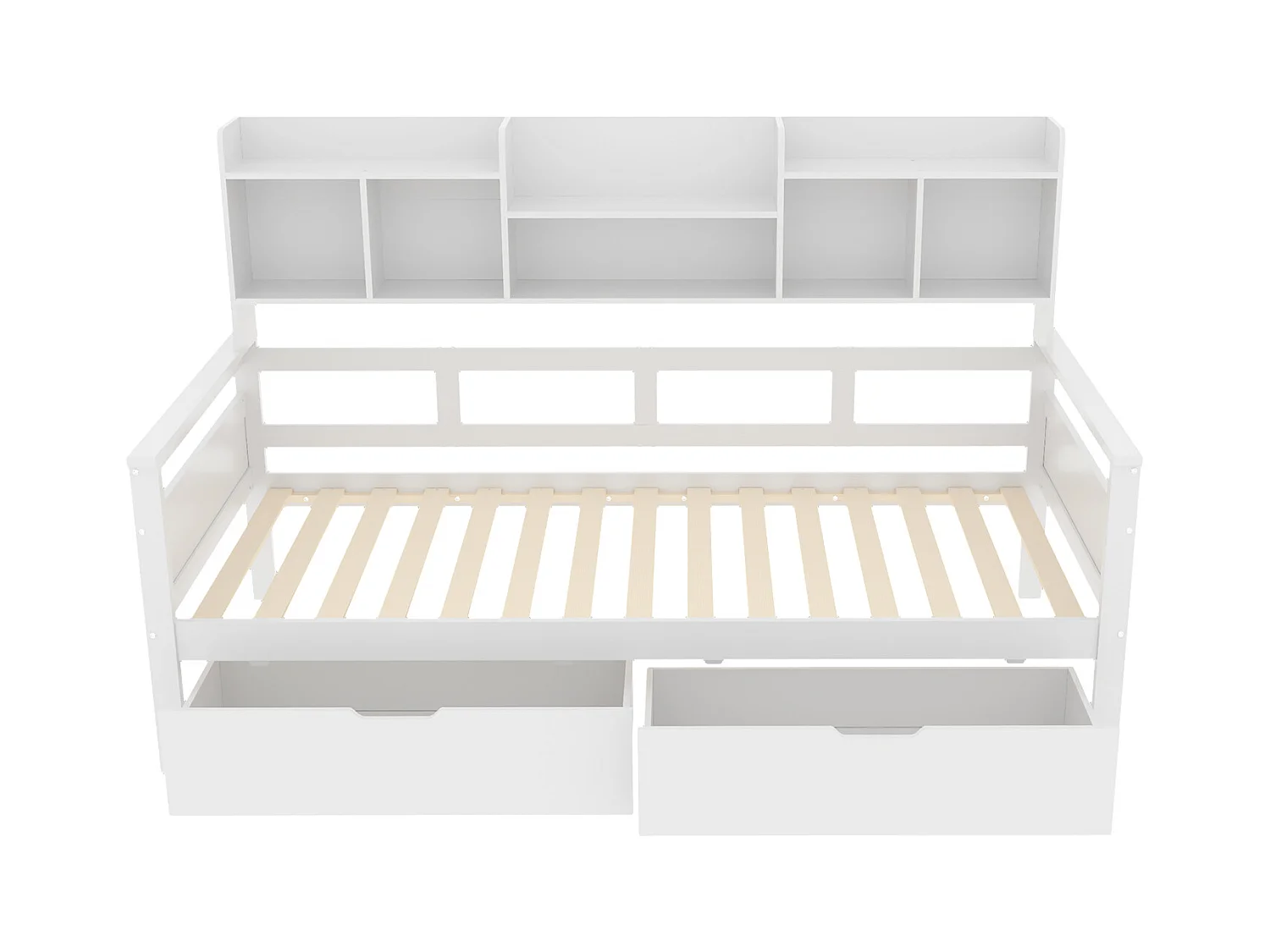 Lit enfant 90x200cm avec compartiment de rangement, canapé convertible avec 2 tiroirs, lit simple en bois, blanc, sans matelas