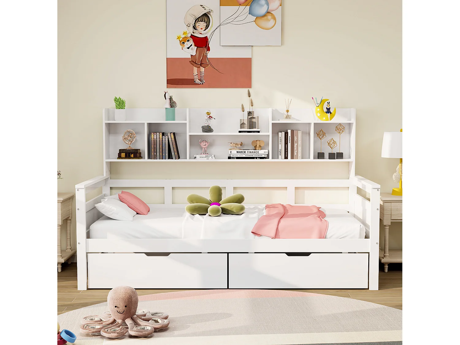 Lit enfant 90x200cm avec compartiment de rangement, canapé convertible avec 2 tiroirs, lit simple en bois, blanc, sans matelas