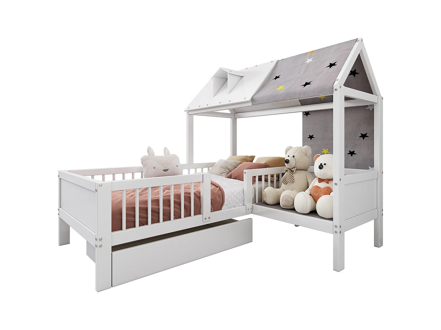 Lit cabane enfant 90x200cm avec tiroir, lit simple multifonction, sans matelas, blanc