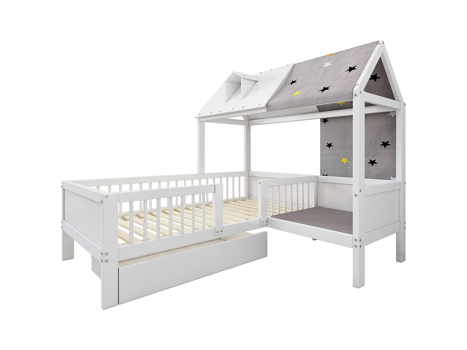 Lit cabane enfant 90x200cm avec tiroir, lit simple multifonction, sans matelas, blanc