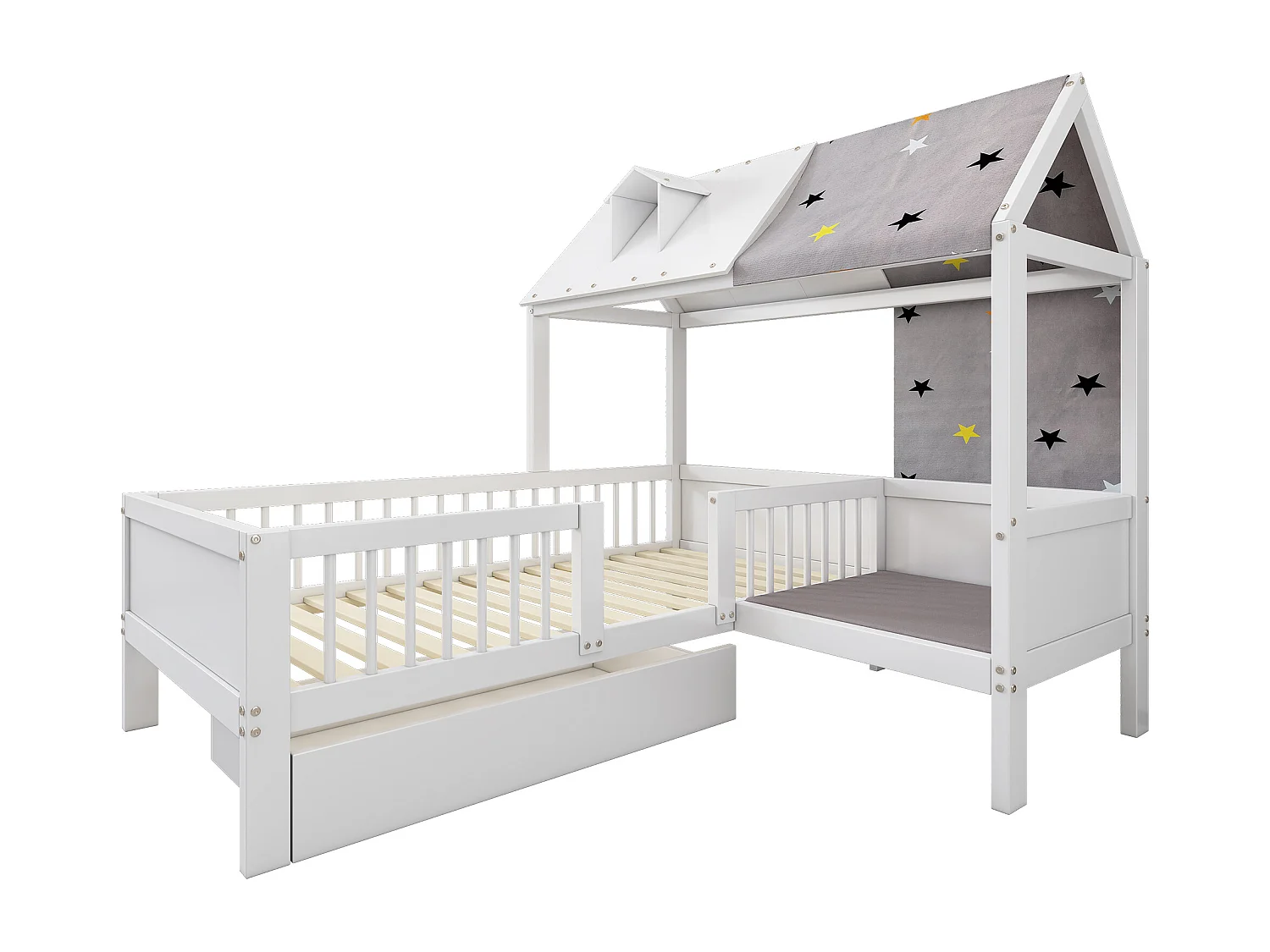 Lit cabane enfant 90x200cm avec tiroir, lit simple multifonction, sans matelas, blanc