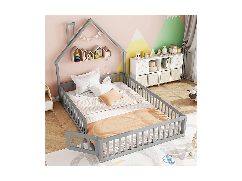 Lit enfant double 140x200cm gris en pin, lit cabane forme cheminée, sommier à lattes, sans matelas
