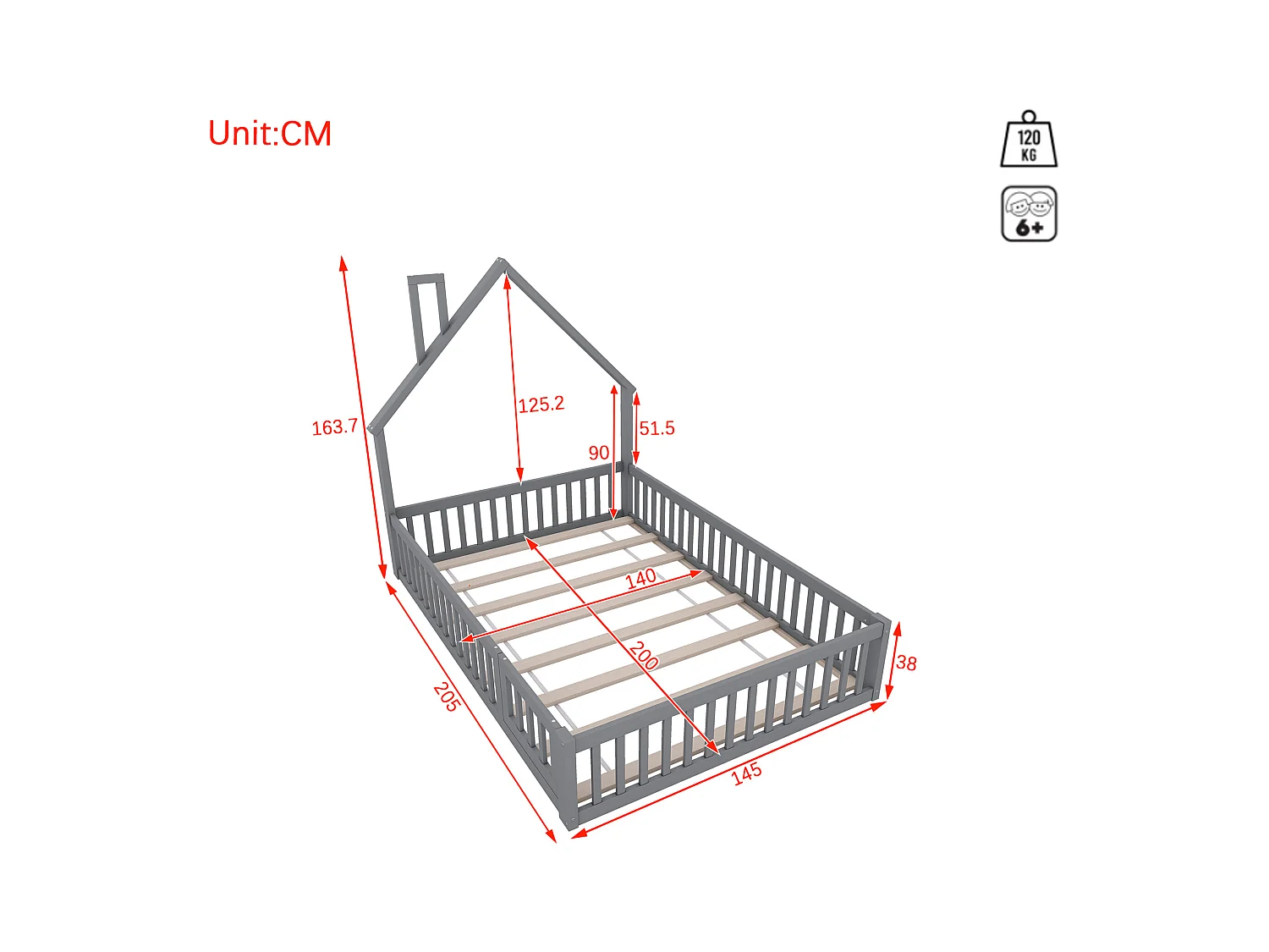 Lit enfant double 140x200cm gris en pin, lit cabane forme cheminée, sommier à lattes, sans matelas