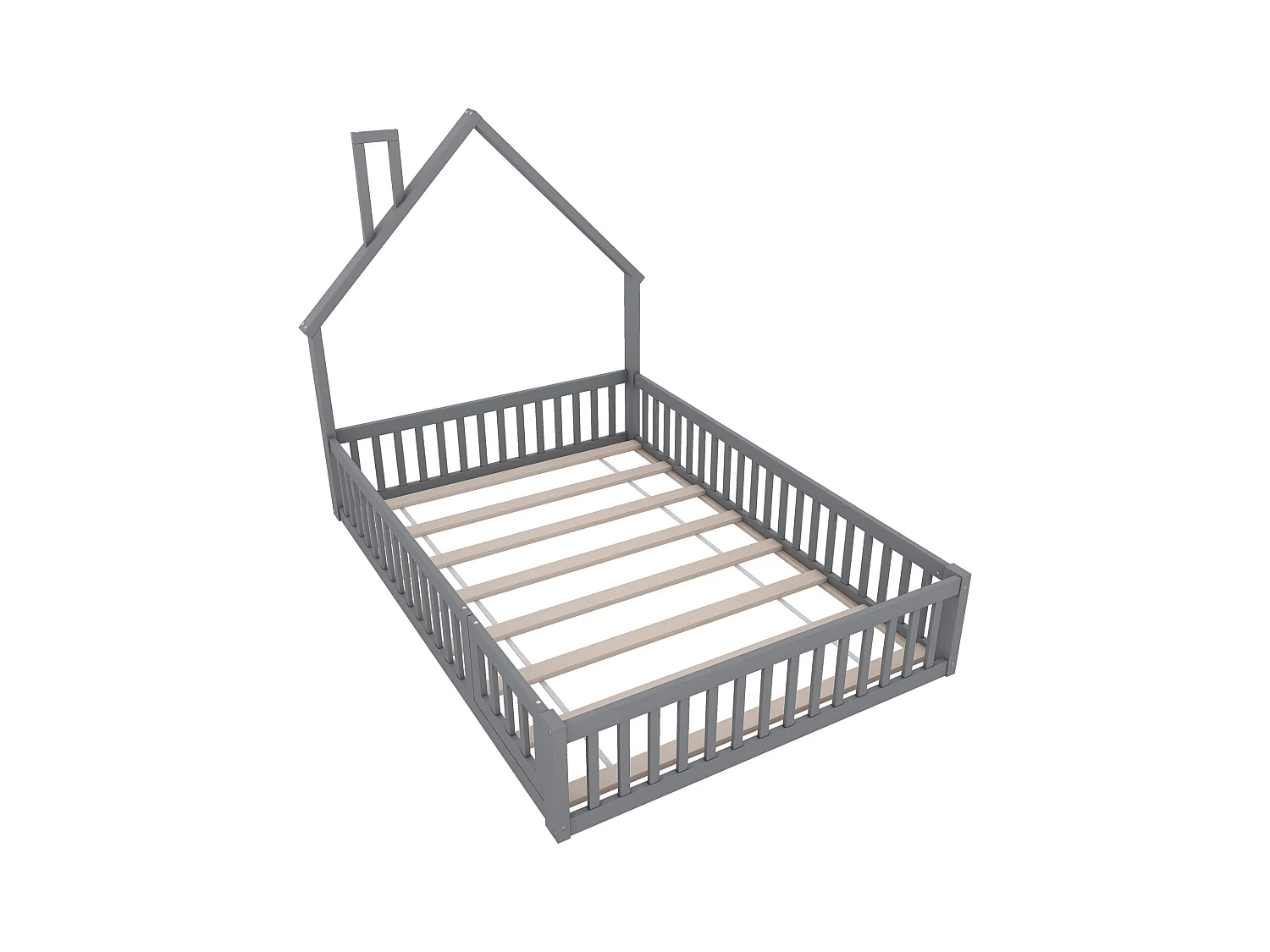 Lit enfant double 140x200cm gris en pin, lit cabane forme cheminée, sommier à lattes, sans matelas