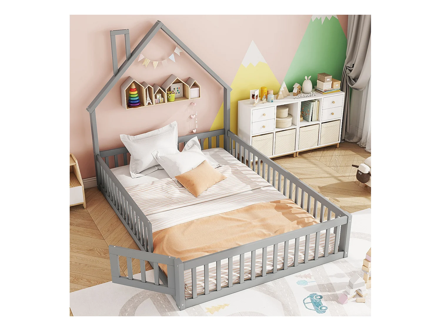 Lit enfant double 140x200cm gris en pin, lit cabane forme cheminée, sommier à lattes, sans matelas