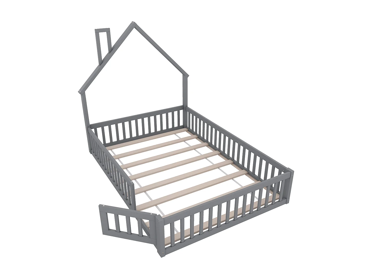 Lit enfant double 140x200cm gris en pin, lit cabane forme cheminée, sommier à lattes, sans matelas