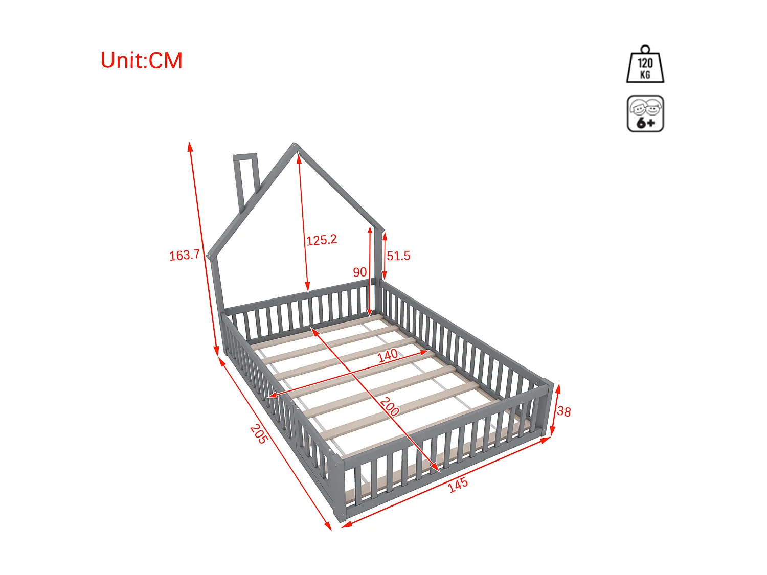 Lit enfant double 140x200cm gris en pin, lit cabane forme cheminée, sommier à lattes, sans matelas
