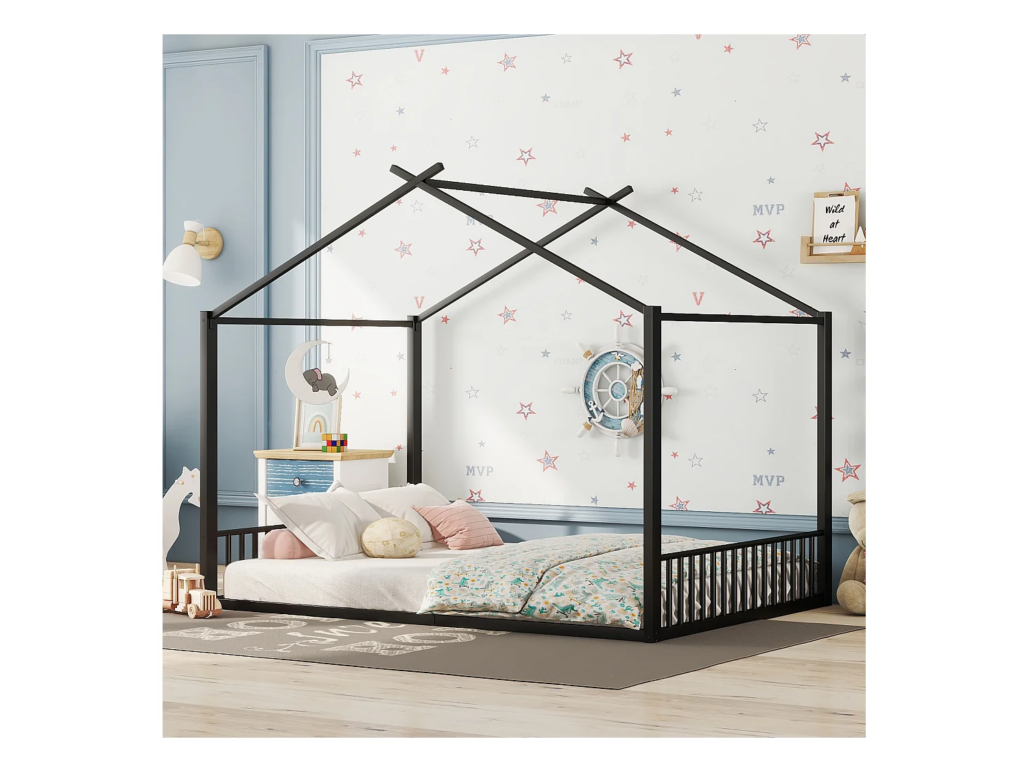Lit cabane 140x200cm pour enfant, en métal noir, design maison moderne et structure solide(sans matelas)