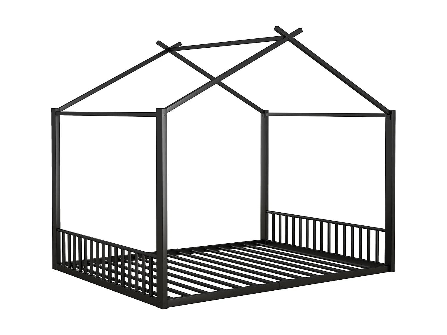 Cama casinha 140x200 cm para criança, em metal preto, design moderno de casa e estrutura sólida (sem colchão)