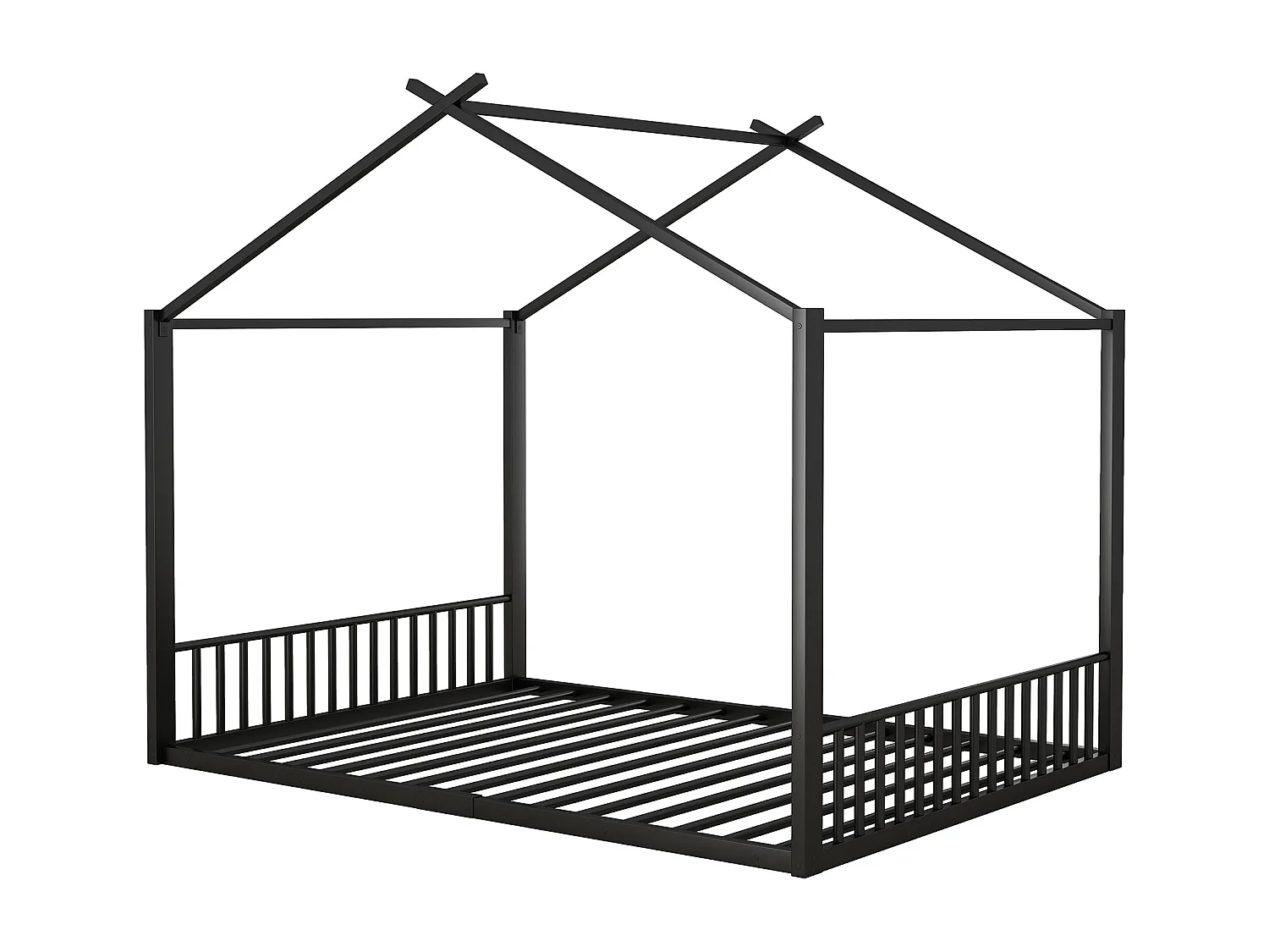 Cama casinha 140x200 cm para criança, em metal preto, design moderno de casa e estrutura sólida (sem colchão)