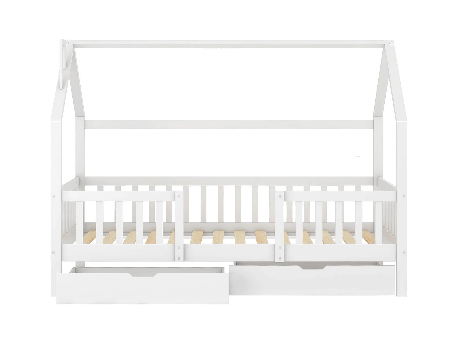 Lit enfant 90x200 cm - Lit cabane avec 2 tiroirs et sommier à lattes - blanc - sans matelas
