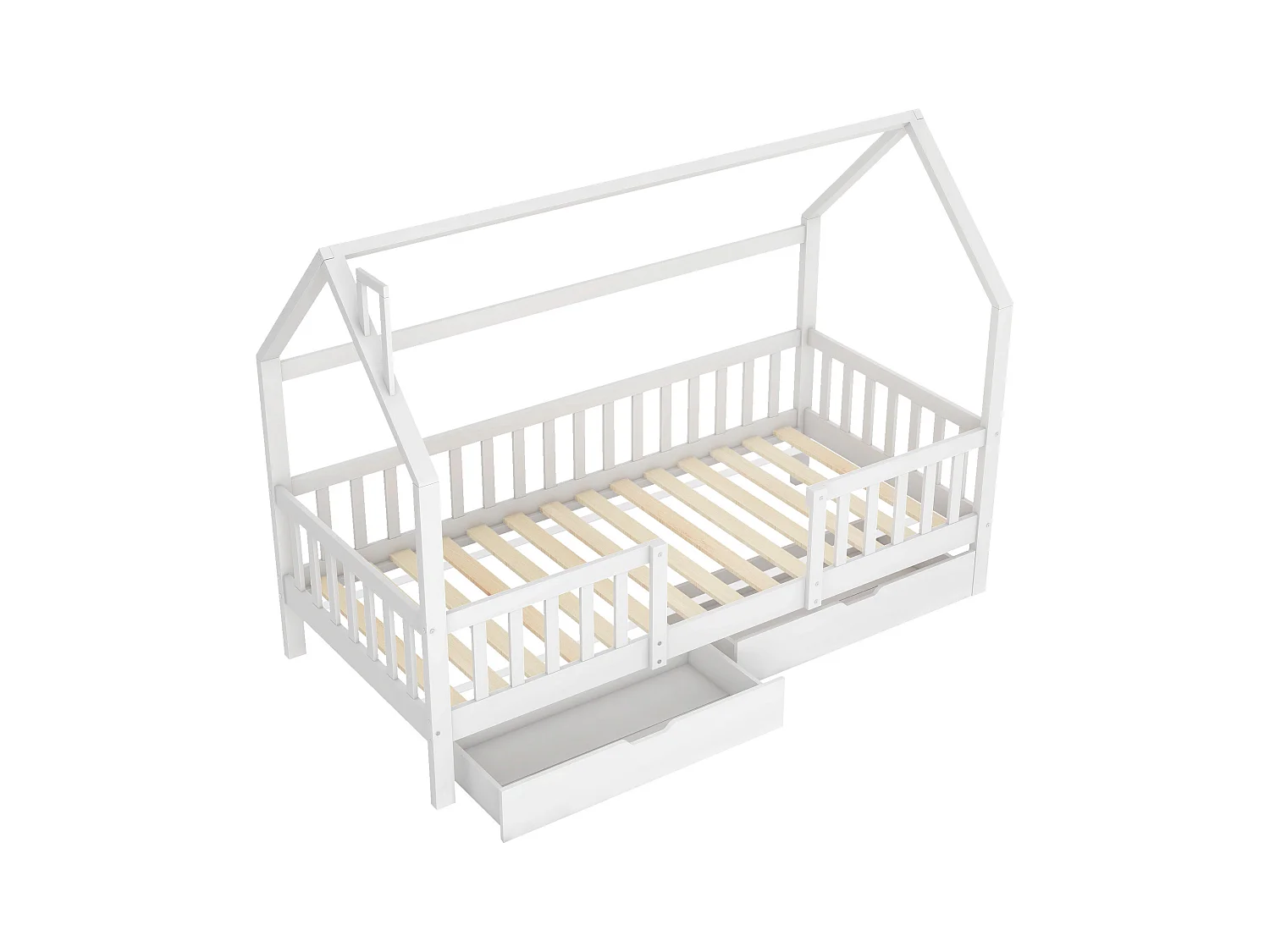 Lit enfant 90x200 cm - Lit cabane avec 2 tiroirs et sommier à lattes - blanc - sans matelas