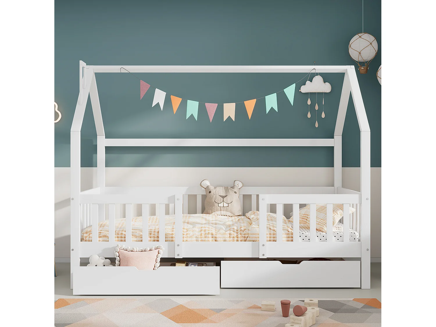 Lettino per bambini 90x200 cm - con 2 cassetti e rete a doghe bianca - senza materasso