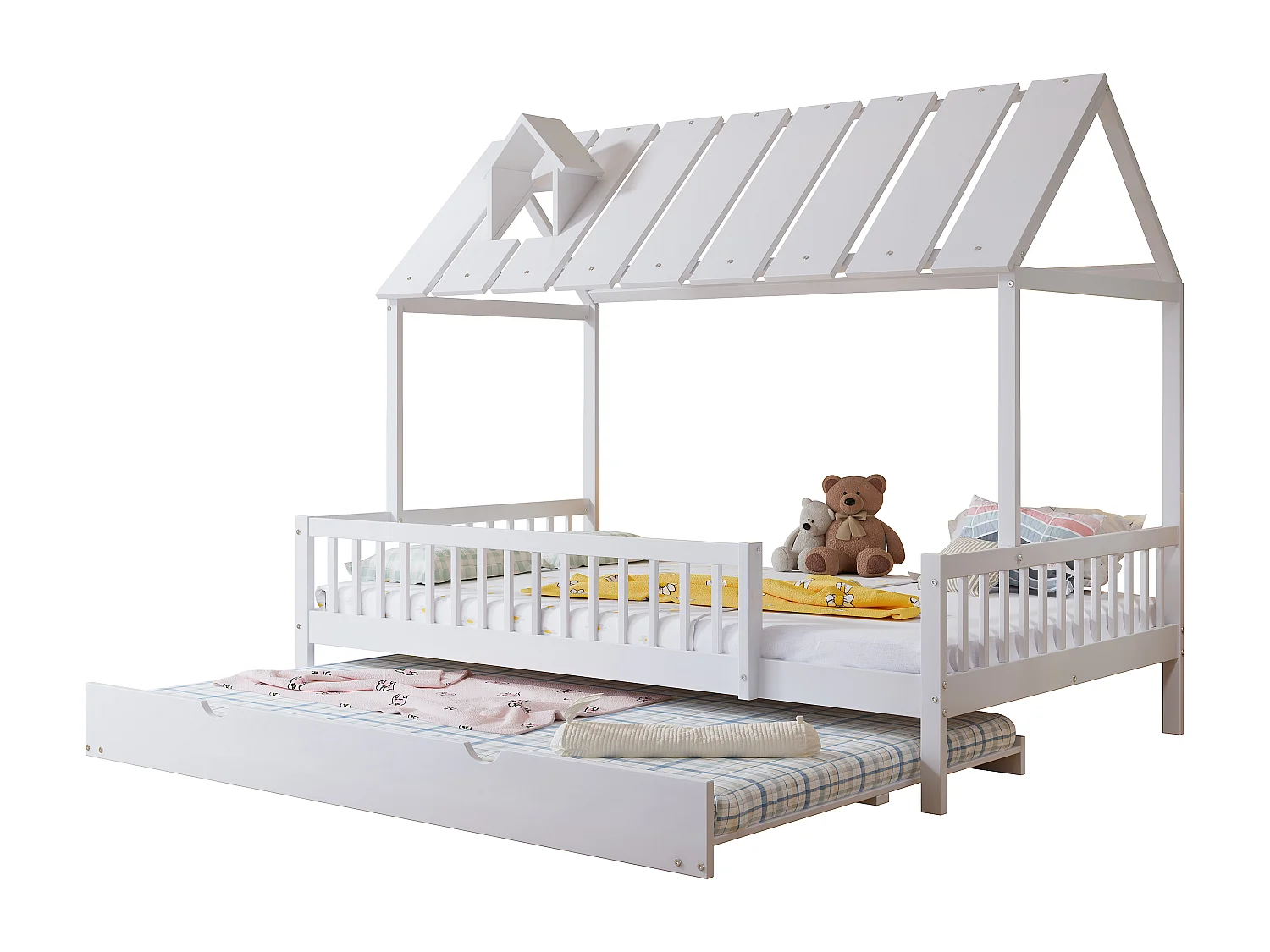 Lit enfant 120x200cm avec lit gigogne 120x190cm, barrière antichute, pin+MDF, blanc, sans matelas