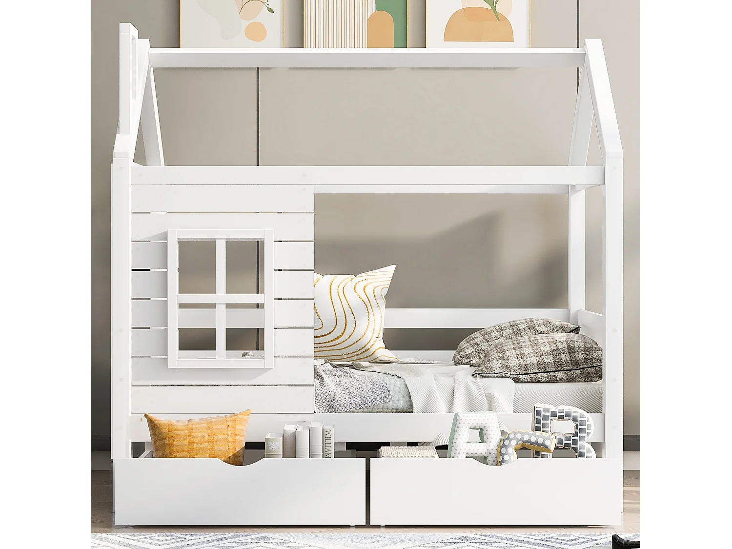 Lit cabane enfant 80x160cm avec 2 tiroirs blanc, dispositif antichute, forme maison, pin, sans matelas