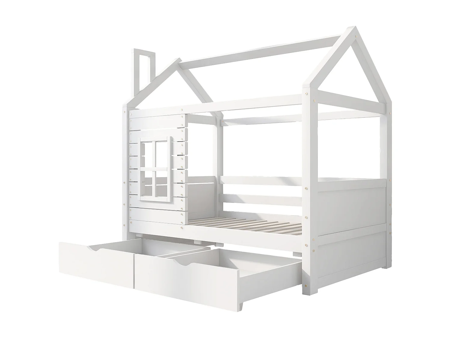 Lit cabane enfant 80x160cm avec 2 tiroirs blanc, dispositif antichute, forme maison, pin, sans matelas