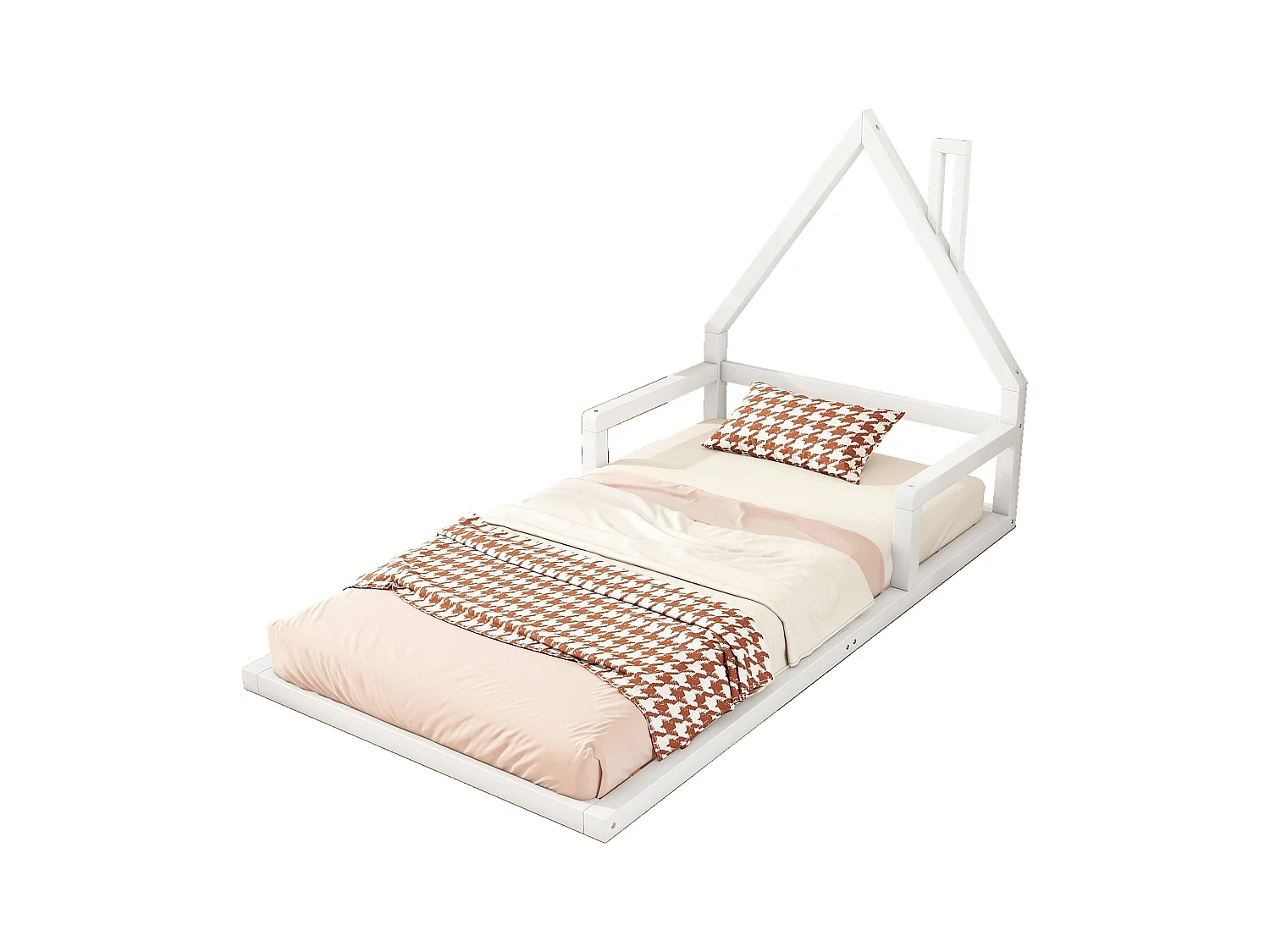 Lit cabane enfant 90x200 cm, en pin blanc au sol– Design maison,facile à monter, sans matelas