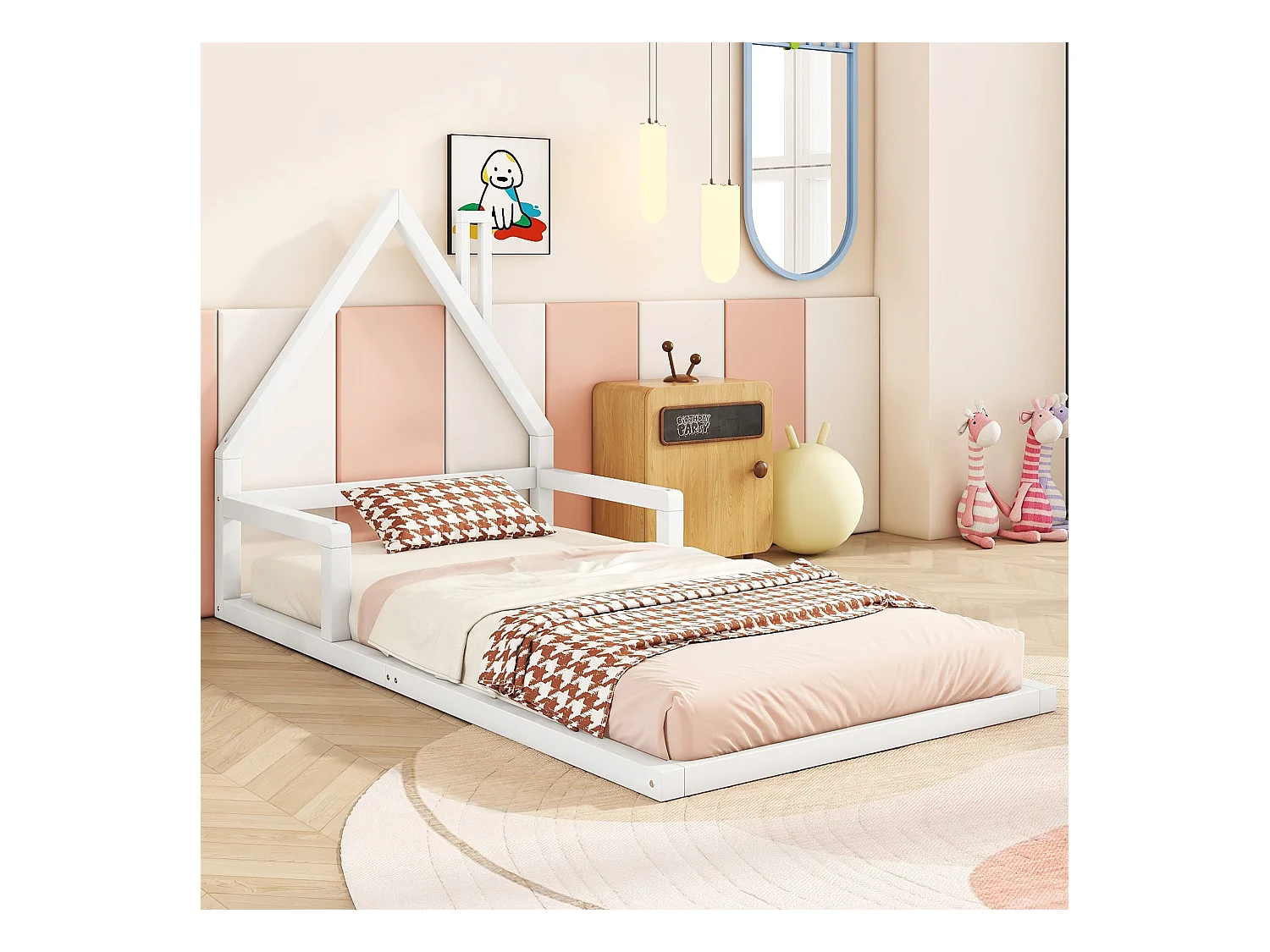 Lit cabane enfant 90x200 cm, en pin blanc au sol– Design maison,facile à monter, sans matelas