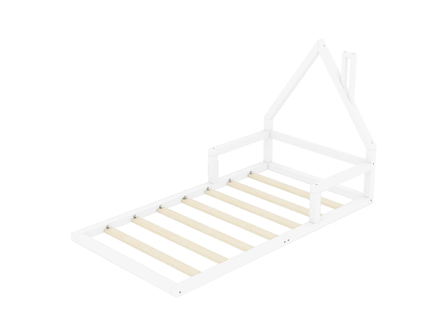 Lit cabane enfant 90x200 cm, en pin blanc au sol– Design maison,facile à monter, sans matelas