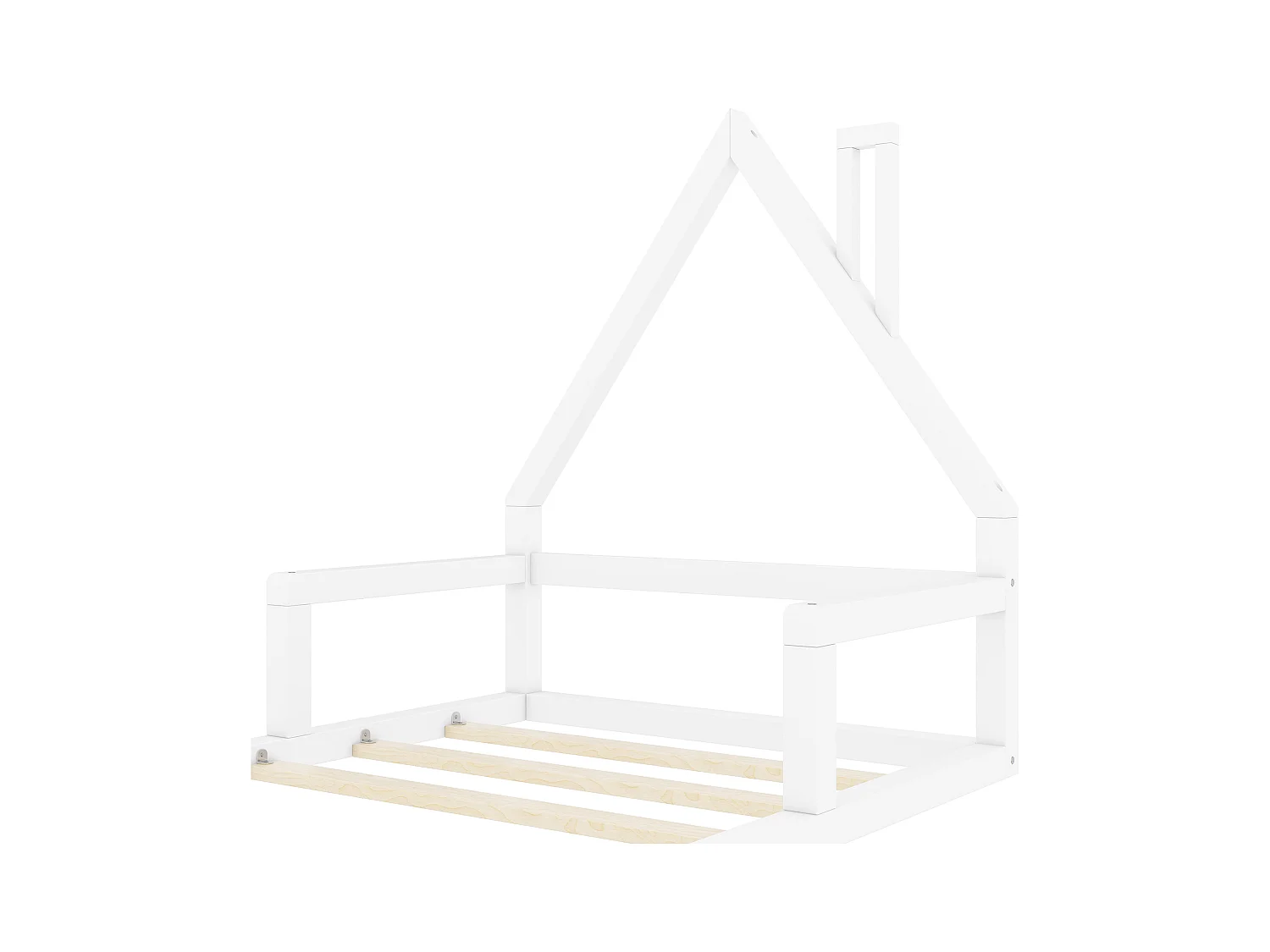 Lit cabane enfant 90x200 cm, en pin blanc au sol– Design maison,facile à monter, sans matelas