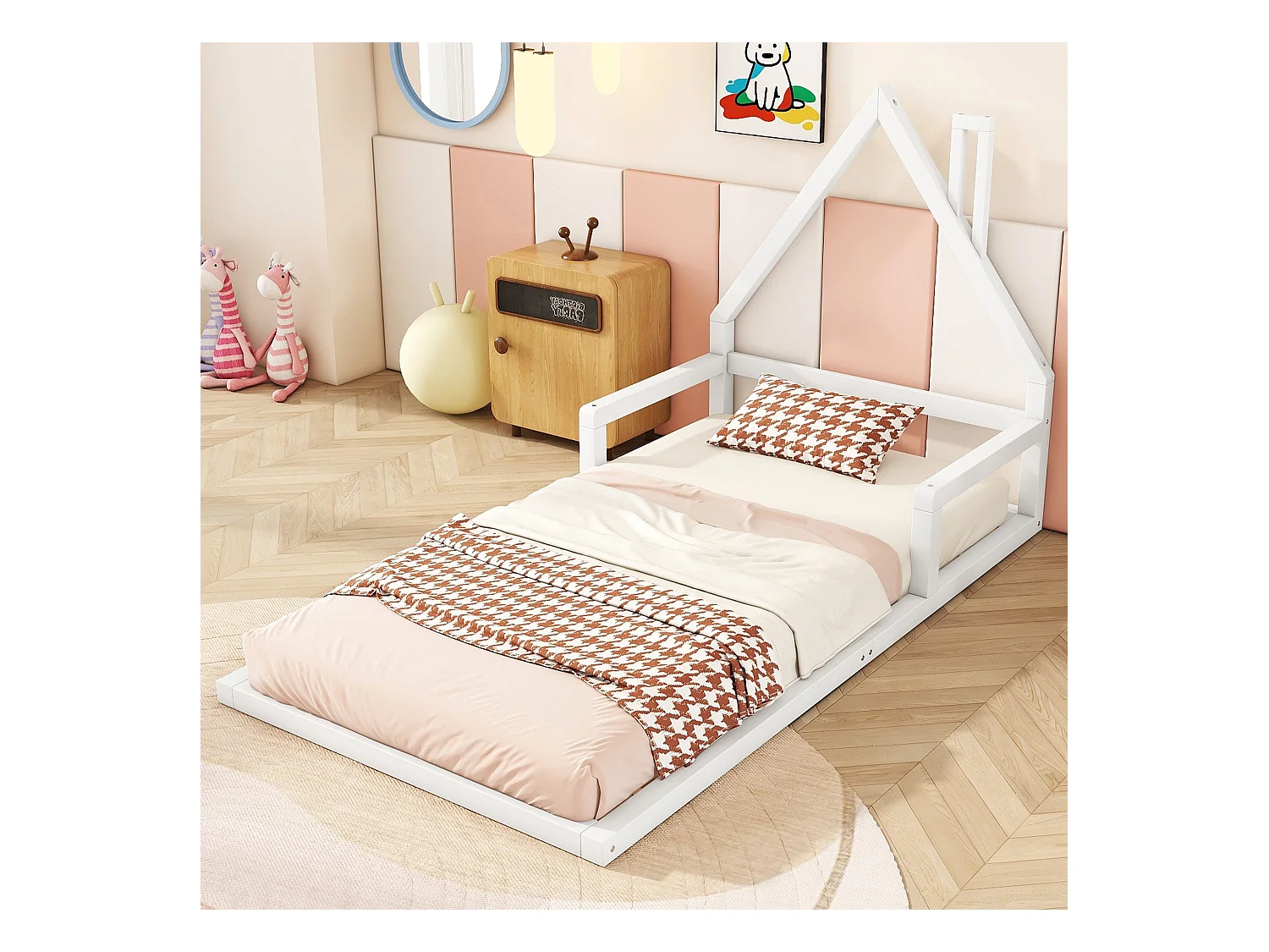 Lit cabane enfant 90x200 cm, en pin blanc au sol– Design maison,facile à monter, sans matelas