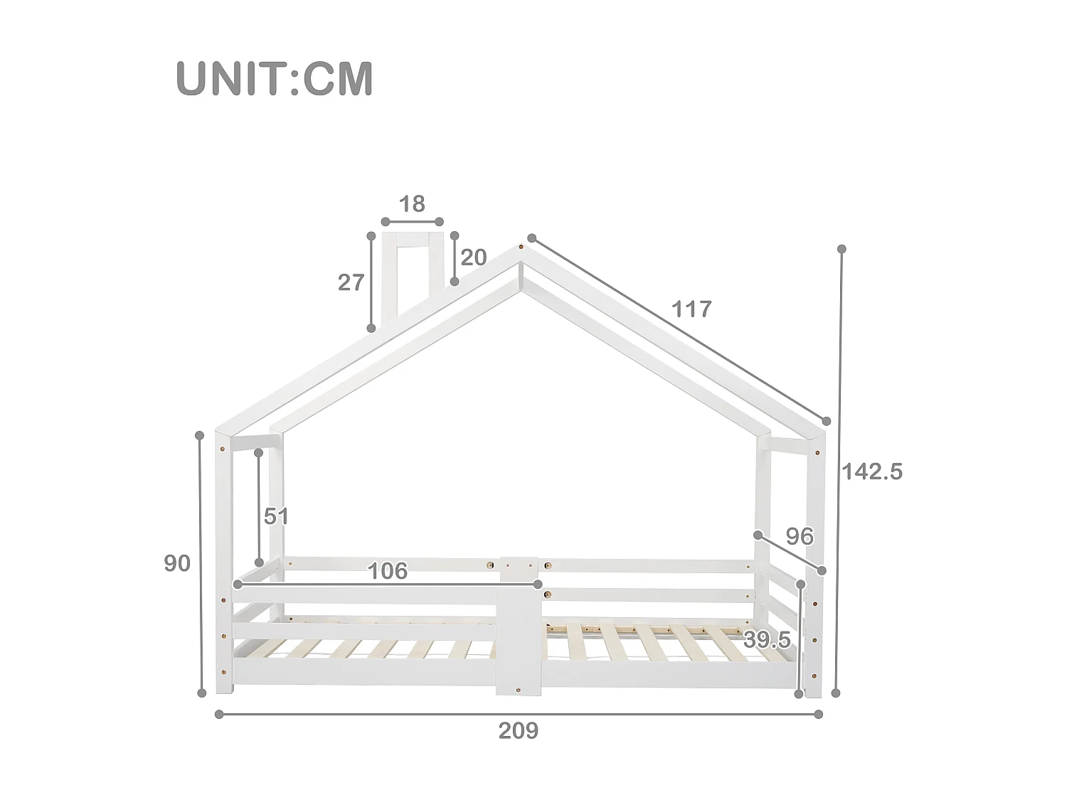Hoogslaper 90x200 cm - kinderbed met lattenbodem - valbeveiliging - wit