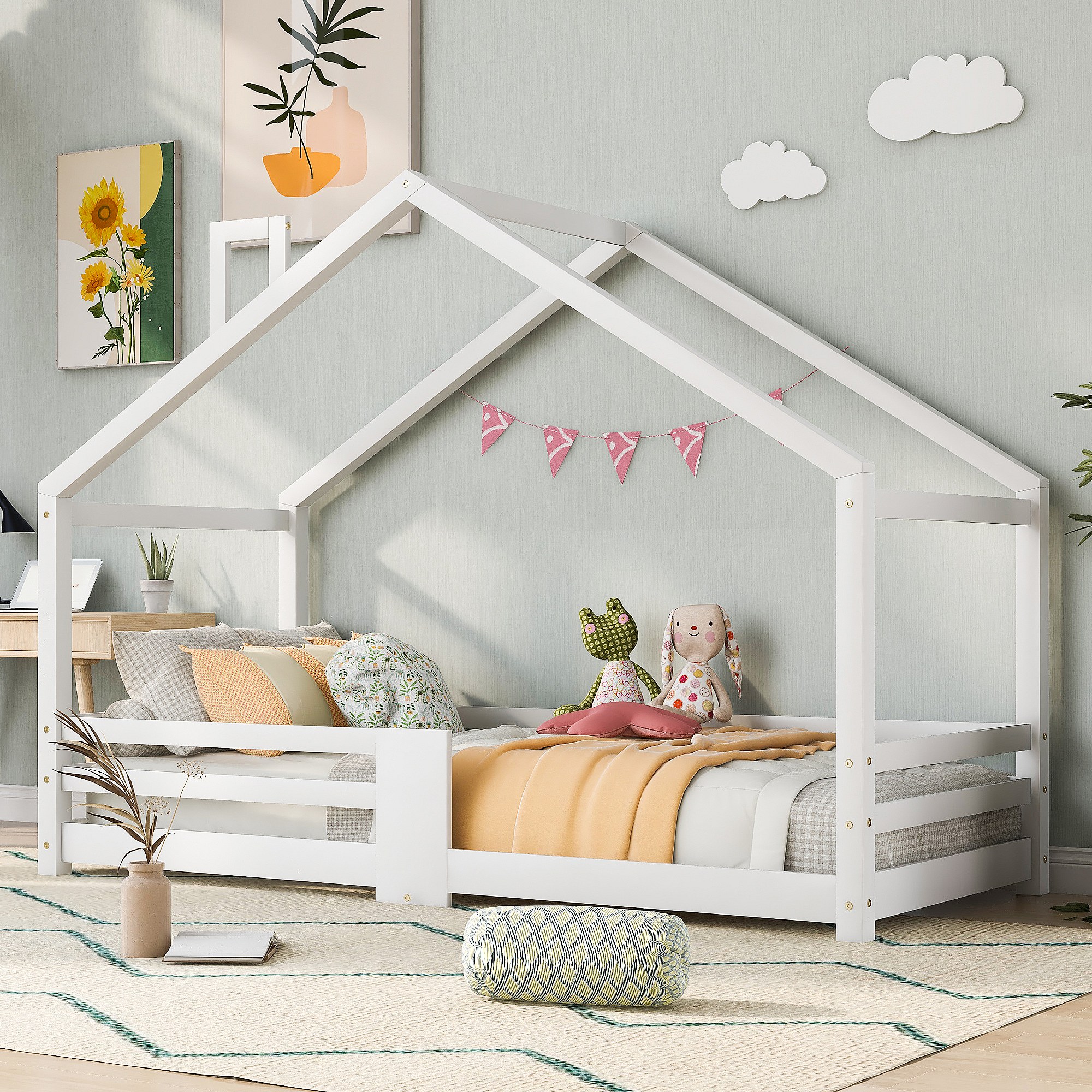 Lit Cabane Mezzanine Enfant 90x200 Cm - Avec Escalier, Garde-corps, 2 Fenêtres - Blanc Et Gris, En Pin
