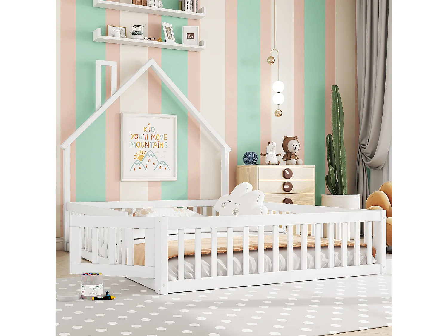 Lit enfant double 140x200cm blanc en pin, lit cabane forme cheminée, sommier à lattes, sans matelas