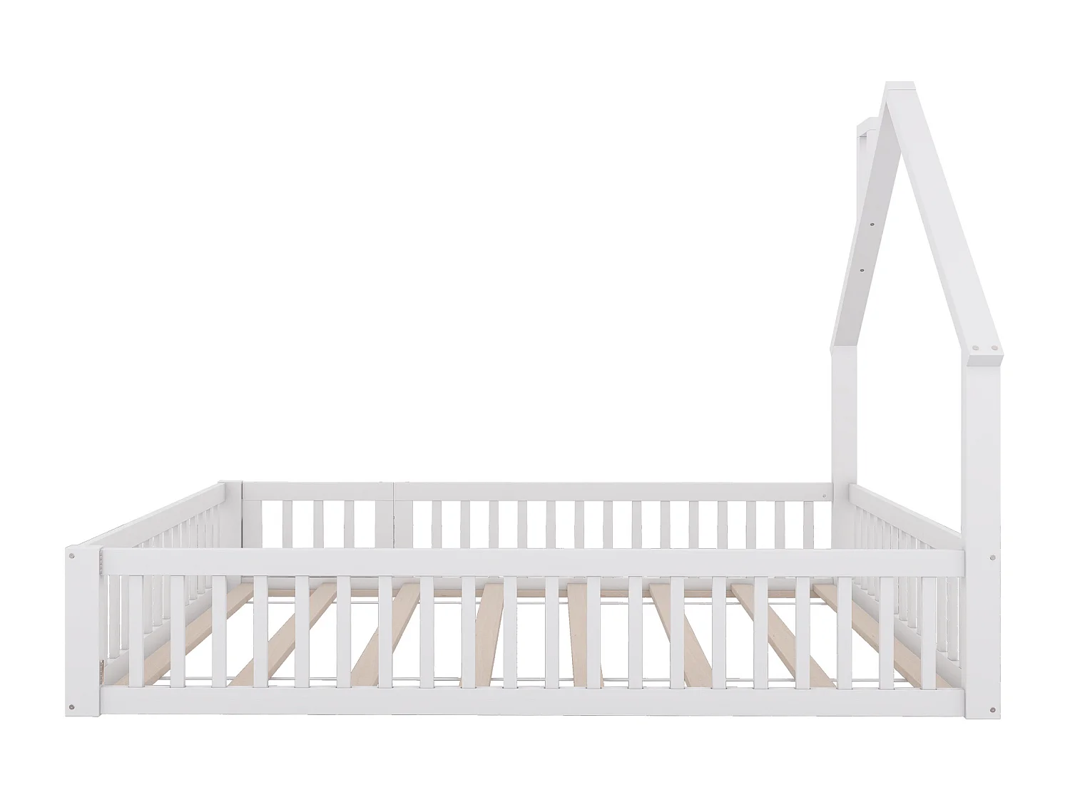 Lit enfant double 140x200cm blanc en pin, lit cabane forme cheminée, sommier à lattes, sans matelas