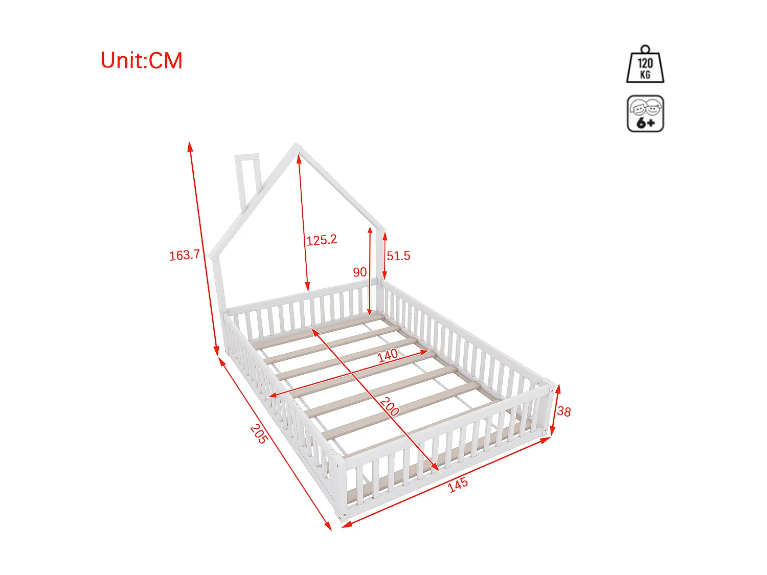 Lit enfant double 140x200cm blanc en pin, lit cabane forme cheminée, sommier à lattes, sans matelas