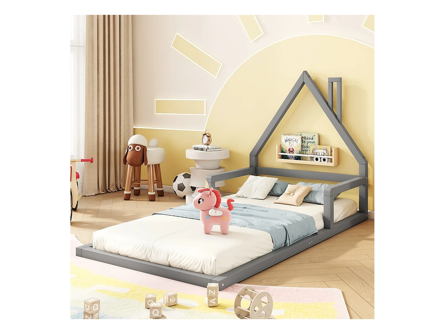 Lit cabane enfant 90x200 cm, en pin gris au sol– Design maison,facile à monter(sans matelas)