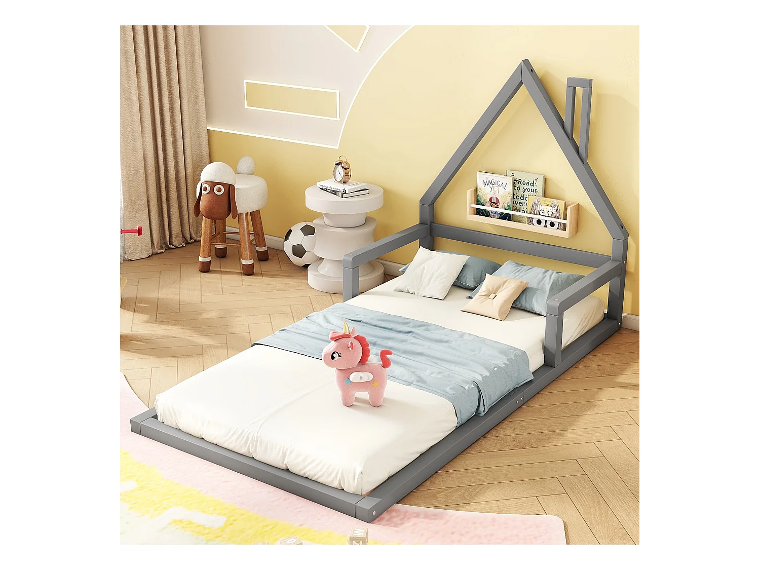 Lit cabane enfant 90x200 cm, en pin gris au sol– Design maison,facile à monter(sans matelas)