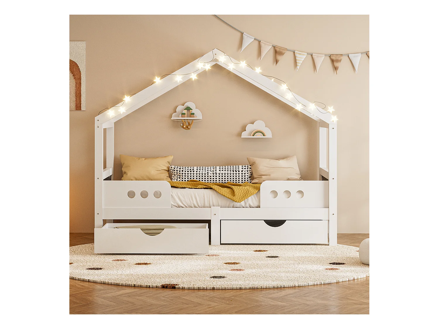 Lit cabane enfant 90x200cm avec 2 tiroirs de rangement, pin, blanc, sans matelas